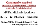 Uzavření zdravotního střediska Radčice z důvodu čerpání dovolené