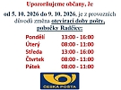 Upozornění - změna otevírací doby pošty, pobočka Radčice - 5. 10. - 9. 10. 2026