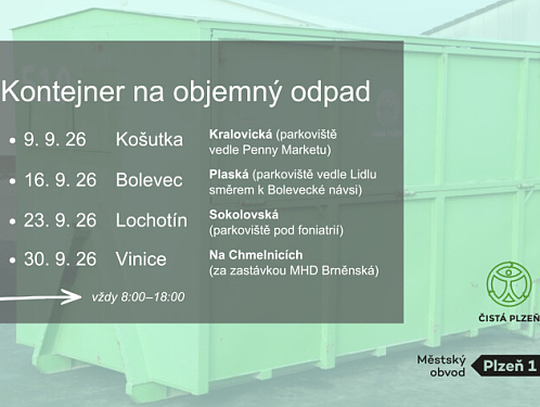 Kontejnery na objemný odpad budou v září přistaveny na čtyřech místech