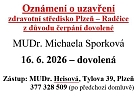 Oznámení - uzavření zdravotního střediska Radčice z důvodu čerpání dovolené