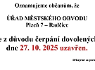 Oznámení - uzavření Úřadu městského obvodu Plzeň 7 - Radčice dne 27. 10. 2025